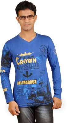 Harsha Printed Men' V-neck Dark Blue T-Shirt