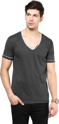 Izinc Solid Men's V-neck Grey T-Shirt, Dark grey