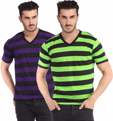 Leana Striped Men's Henley Multicolor T-Shirt(Pack of 2