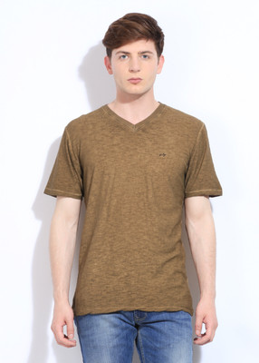John Players Solid Men's V-neck Brown T-Shirt, 1a4