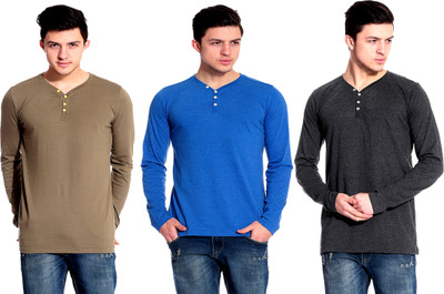 Lemon & Vodka Solid Men' Henley Multicolor T-Shirt(Pack of 3, Black