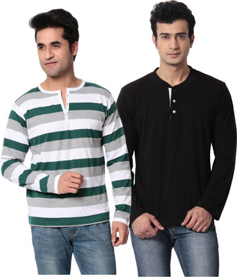 Leana Striped Men's Henley Multicolor T-Shirt(Pack of 2