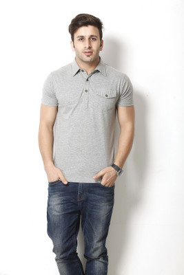 Gritstones Solid Men's Polo Neck Grey T-Shirt
