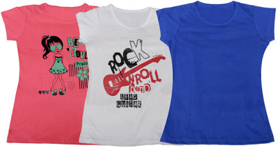 IndiWeaves Girls Printed T Shirt(Multicolor, Pink & white & blue