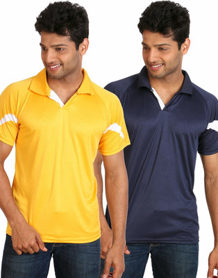 Campus Sutra Solid Men Polo Neck Yellow, Blue T-Shirt(Pack of 2)