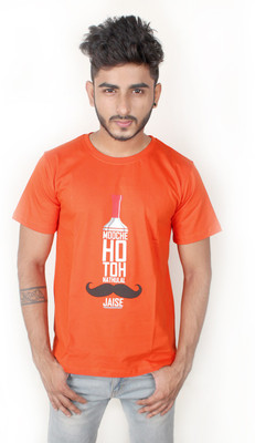 Boton Printed Men' Round Neck Orange T-Shirt, Red