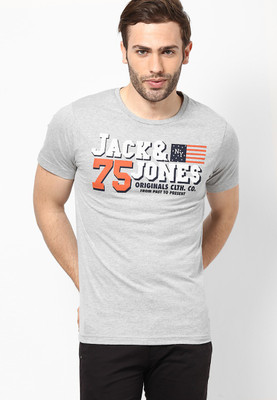 Jack & Jones Graphic Print Men' Round Neck Grey T-Shirt, Light grey melange