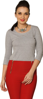 Miss Chase Solid Women's Round Neck Grey T-Shirt, Grey melange