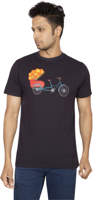 Red Line Graphic Print Men's Round Neck Black T-Shirt