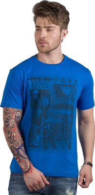HotTribes Printed Men' Round Neck Light Blue T-Shirt, Aqua blue