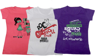 IndiWeaves Girls Printed T Shirt(Multicolor, Pink & white & purple