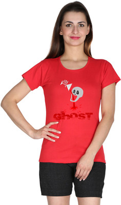 Faireno Printed Women' Round Neck Red T-Shirt