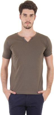 Fio Solid Men's Henley Green T-Shirt, Olive