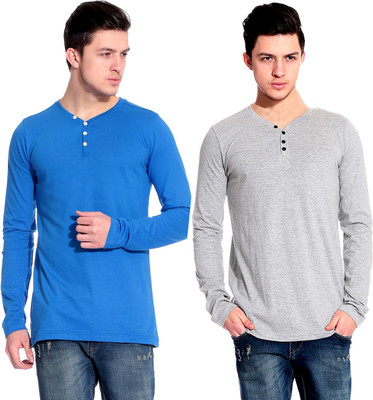 Lemon & Vodka Solid Men's Henley Blue, Grey T-Shirt(Pack of 2)