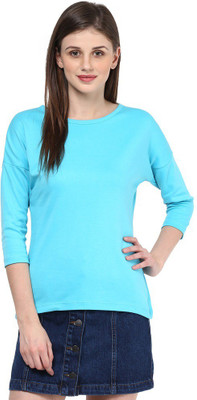 Hypernation Solid Women's Round Neck Blue T-Shirt, Turquoise