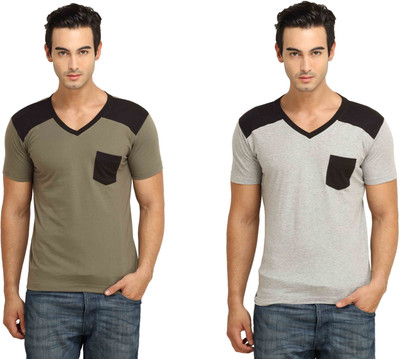 Fio Solid Men's V-neck Brown, Grey T-Shirt(Pack of 2