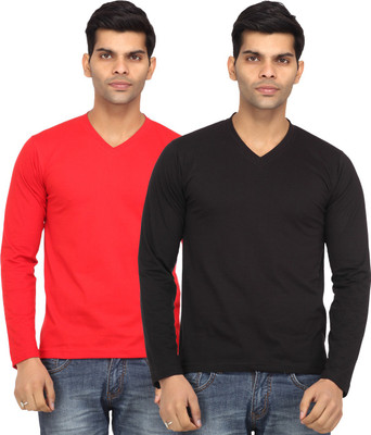 Leana Solid Men's V-neck Red, Black T-Shirt(Pack of 2, Black;red