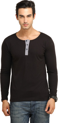 Fio Solid Men' Henley Black T-Shirt
