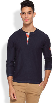 Arise Self Design Men' Henley Dark Blue T-Shirt, Navy