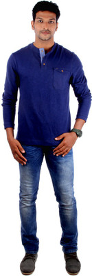 Indian Terrain Solid Men's Henley Dark Blue T-Shirt, Dark indigo