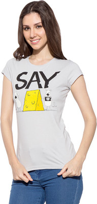 Chimp Graphic Print Women' Round Neck Silver T-Shirt