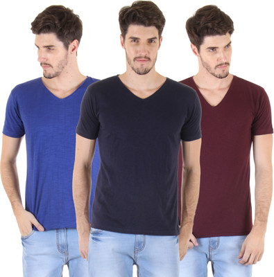 Fio Solid Men' V-neck Blue, Dark Blue, Maroon T-Shirt(Pack of 3, Royal blue+navy blue+burgundy