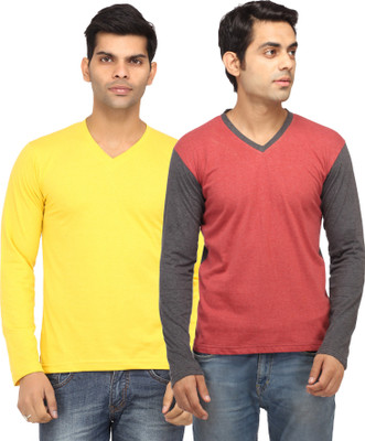 Leana Solid Men' V-neck Yellow, Red T-Shirt(Pack of 2, Red;yellow