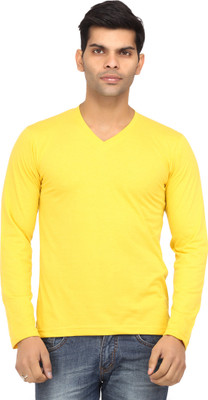 Leana Solid Men' V-neck Yellow T-Shirt