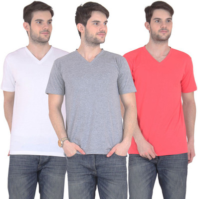 E'Hiose Solid Men' V-neck Multicolor T-Shirt(Pack of 3, Carrot;grey;white