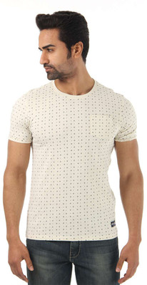 Flying Machine Polka Print Men' Round Neck White T-Shirt, Antique white