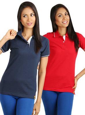 Campus Sutra Solid Women's Polo Neck Blue, Red T-Shirt(Pack of 2)