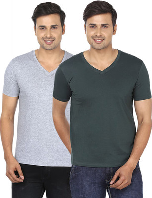 FM Fashionmania Solid Men's V-neck Grey, Green T-Shirt(Pack of 2