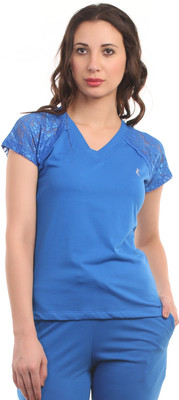 Ultra Fit Solid Women's V-neck Blue T-Shirt