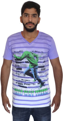 Uniqe Printed Men's V-neck Purple T-Shirt