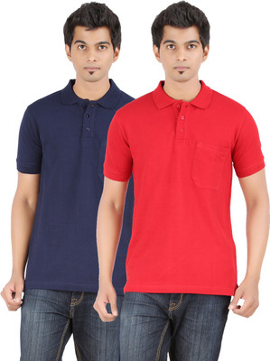 Ap'pulse Solid Men' Polo Neck Dark Blue, Red T-Shirt(Pack of 2, Navy;red