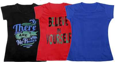 IndiWeaves Girls Printed, Solid T Shirt(Multicolor, Black & red & blue