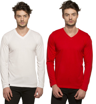 Alan Jones Solid Men's V-neck Red, White T-Shirt(Pack of 2, White and red