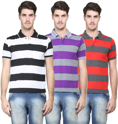 Vimal Striped Men' Polo Neck Multicolor T-Shirt(Pack of 3