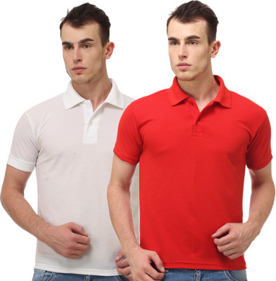 Lime Solid Men' Polo Neck White, Red T-Shirt(Pack of 2