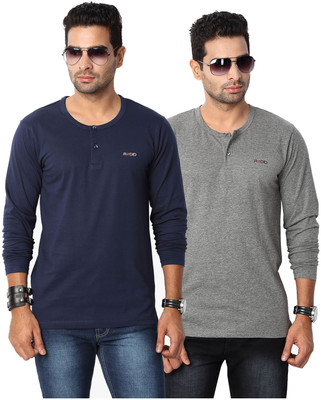 Rodid Solid Men's Henley Blue, Grey T-Shirt(Pack of 2), Charcoal melange;navy blue