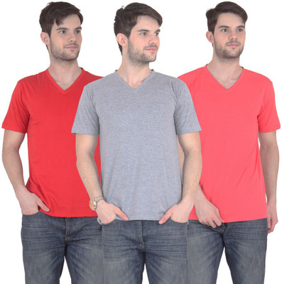 E'Hiose Solid Men' V-neck Multicolor T-Shirt(Pack of 3, Carrot;grey;red