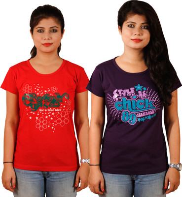 Tryd Printed Women's Round Neck Multicolor T-Shirt(Pack of 2)