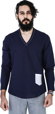 Mr Button Solid Men' V-neck Linen Blue T-Shirt