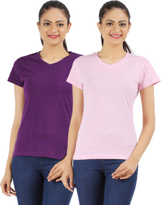 Ap'pulse Solid Women's V-neck Purple, Pink T-Shirt(Pack of 2)