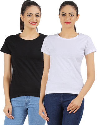 Ap'pulse Solid Women's Round Neck Black, White T-Shirt(Pack of 2)