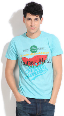 People Printed Men's Round Neck Light Blue T-Shirt, Powder blue mel