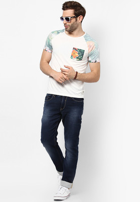 Jack & Jones Printed Men's Round Neck White T-Shirt, Cloud dancer