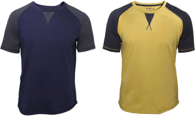 Poshuis Solid Men's Round Neck Dark Blue, Yellow T-Shirt(Pack of 2