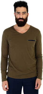Mr Button Solid Men' V-neck Green T-Shirt