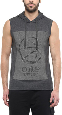 Ajile by Pantaloons Printed Men' Hooded Grey T-Shirt, Anthra melange
